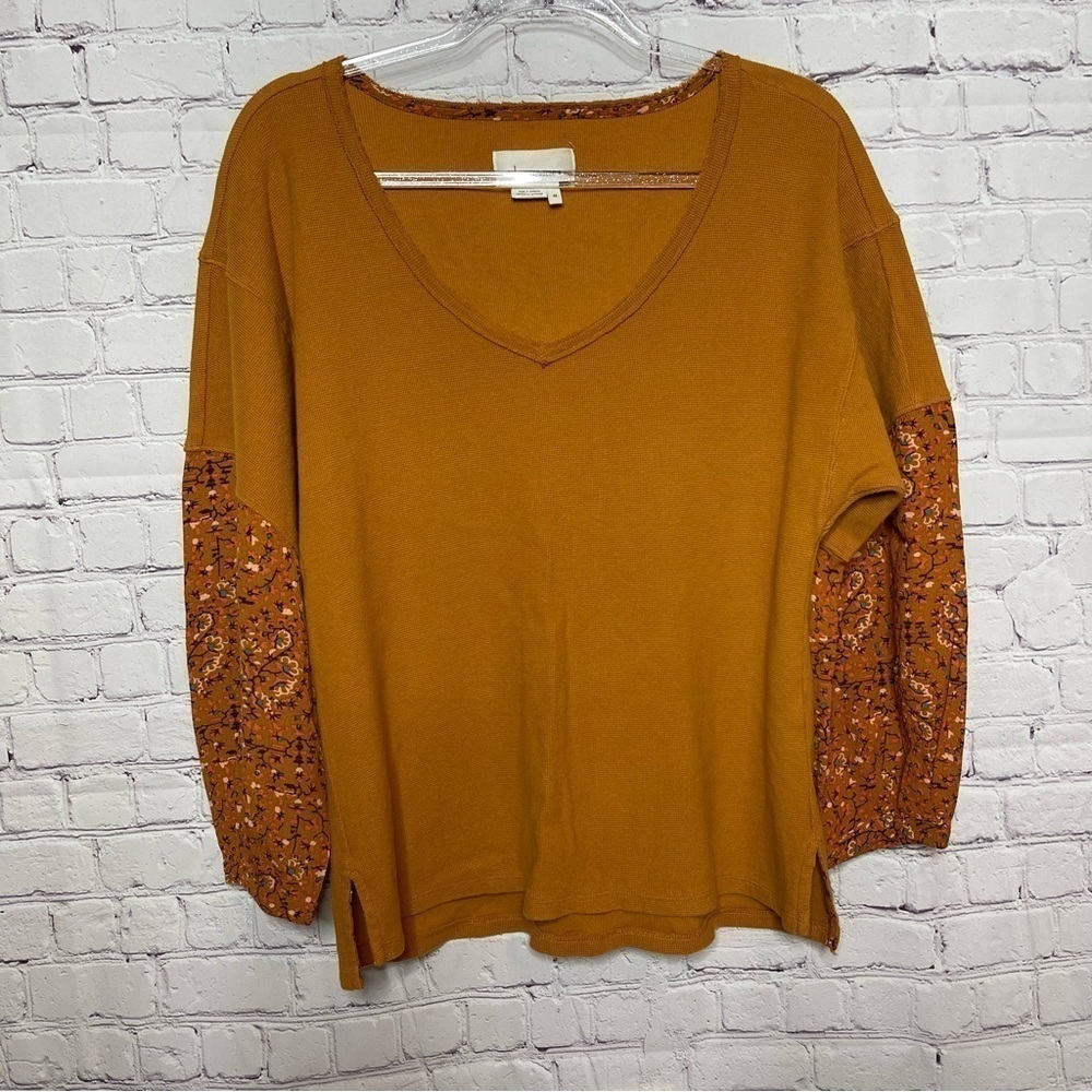 Anthropology Waffle Knit Embellished Sleeve V-Neck Top XS